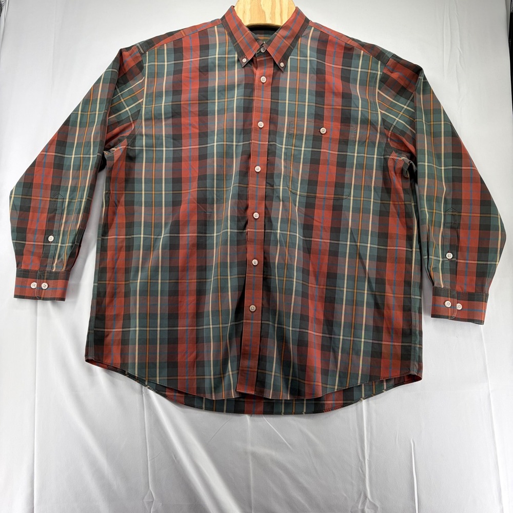 Orvis Mens XXL Plaid Button Down Shirt Red Green Cotton Long Sleeve Pocket - Picture 2 of 9